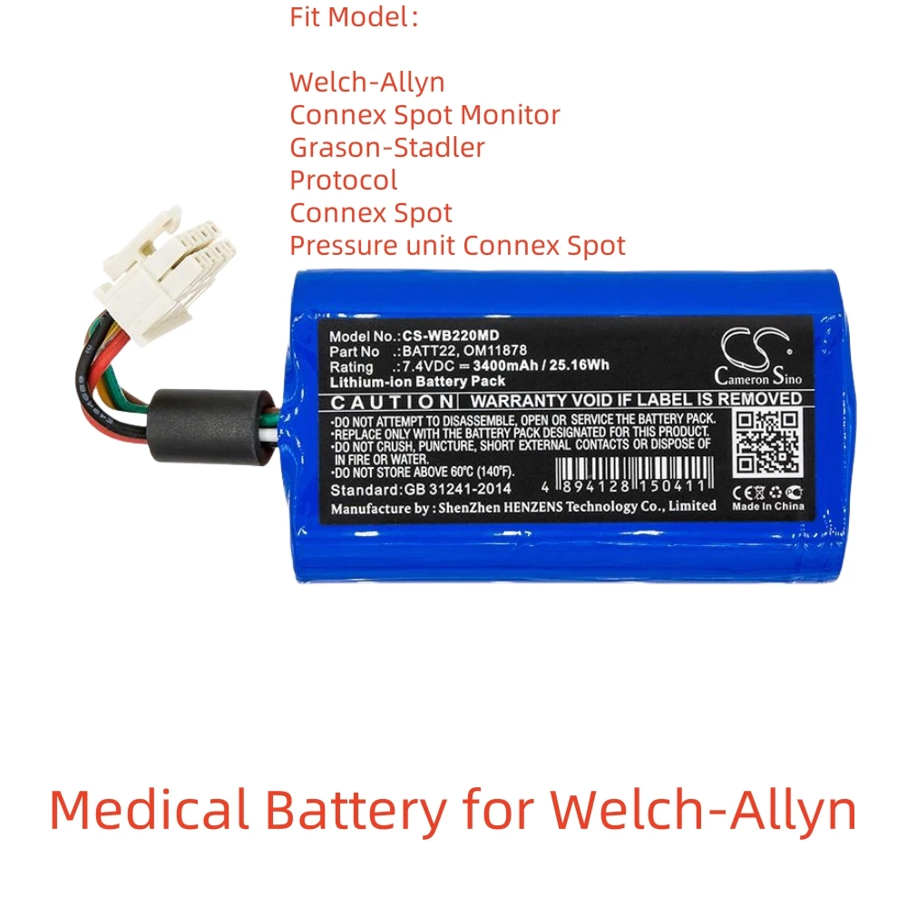 

Li-ion Medical Battery for Welch-Allyn,7.4V,3400mAh,Connex Spot Monitor Grason-Stadler Connex Spot Pressure unit Connex Spot