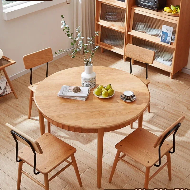 

Japanese Style Cherrywood round Dining Tables and Chairs Set Solid Wood
