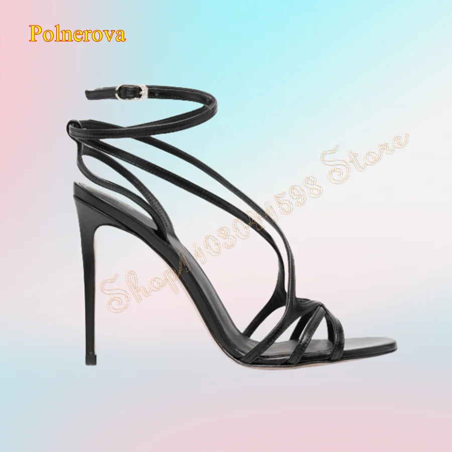 

Round Toe Stiletto Sandals Black Leather Buckle Women's Shoes Wedding Party HIgh Heels Plus Size 2024 New Zapatos Para Mujere