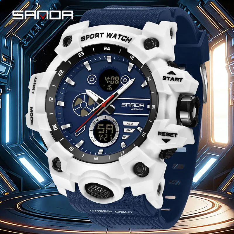 SANDA New Fashion Men Sport Watch Dual Display LED Luminous 5Bar Waterproof TPU Strap Chronograph Outdoor Student Watch
