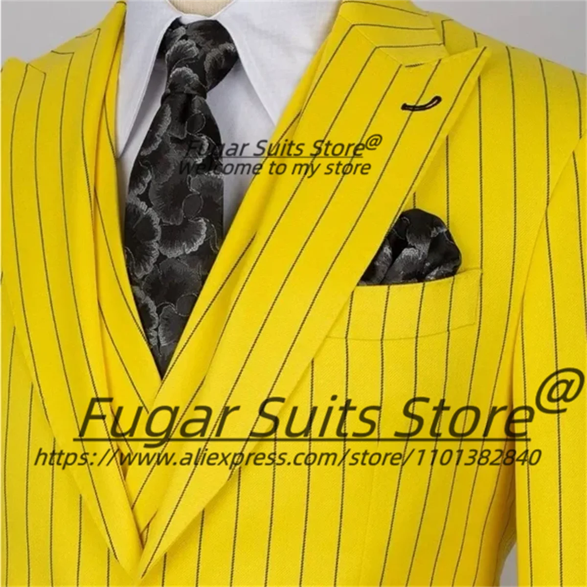 Business Yellow Stripe Male Blazes Slim Fit Peak Lapel Groom Wedding Tuxedos Fashion Men Suits 3Pieces Sets Handsome Ropa Hombre