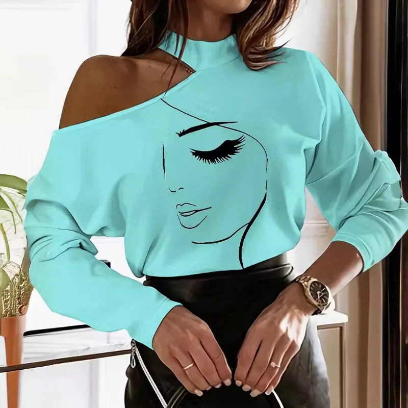 قميص نسائي أنيق مطبوع عليه وجه قميص Y2K INS أنيق مثير بأكمام طويلة وكتف واحد فضفاض تي شيرت ملابس الشارع