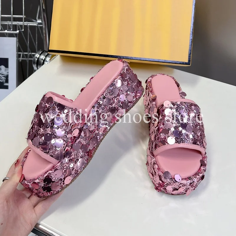 Girls Sequined Height Increasing Slippers Fashion Shoes Comfort Summer Personalized Outdoor Wedding Party Slippers Women Shoes