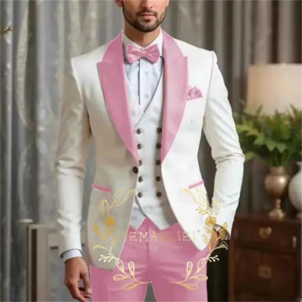جديد الرجال البدلة مجموعات مأدبة رسمية فاخرة العاج السترة سترة بورجوندي السراويل وتتسابق الزفاف العرسان مخصص موضة سليم صالح ازياء