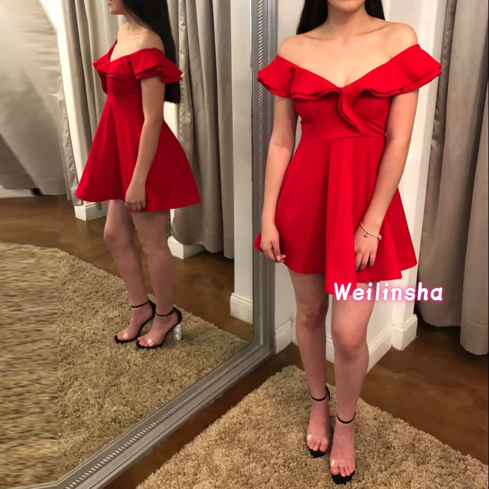 

Customized Simple Red A line Short Prom Dress Off Shoulder Crisscross Pleat Mini Evening Dresses Elegant Woman Party Gowns