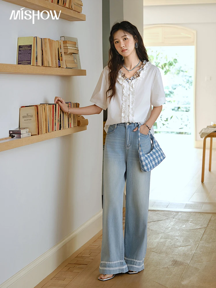 MISHOW Fashion V-neck Shirt for Women Summer 2025 Thin Short Sleeve Patchwork Double Layer Fungus Edge Button Top MXE35X1793