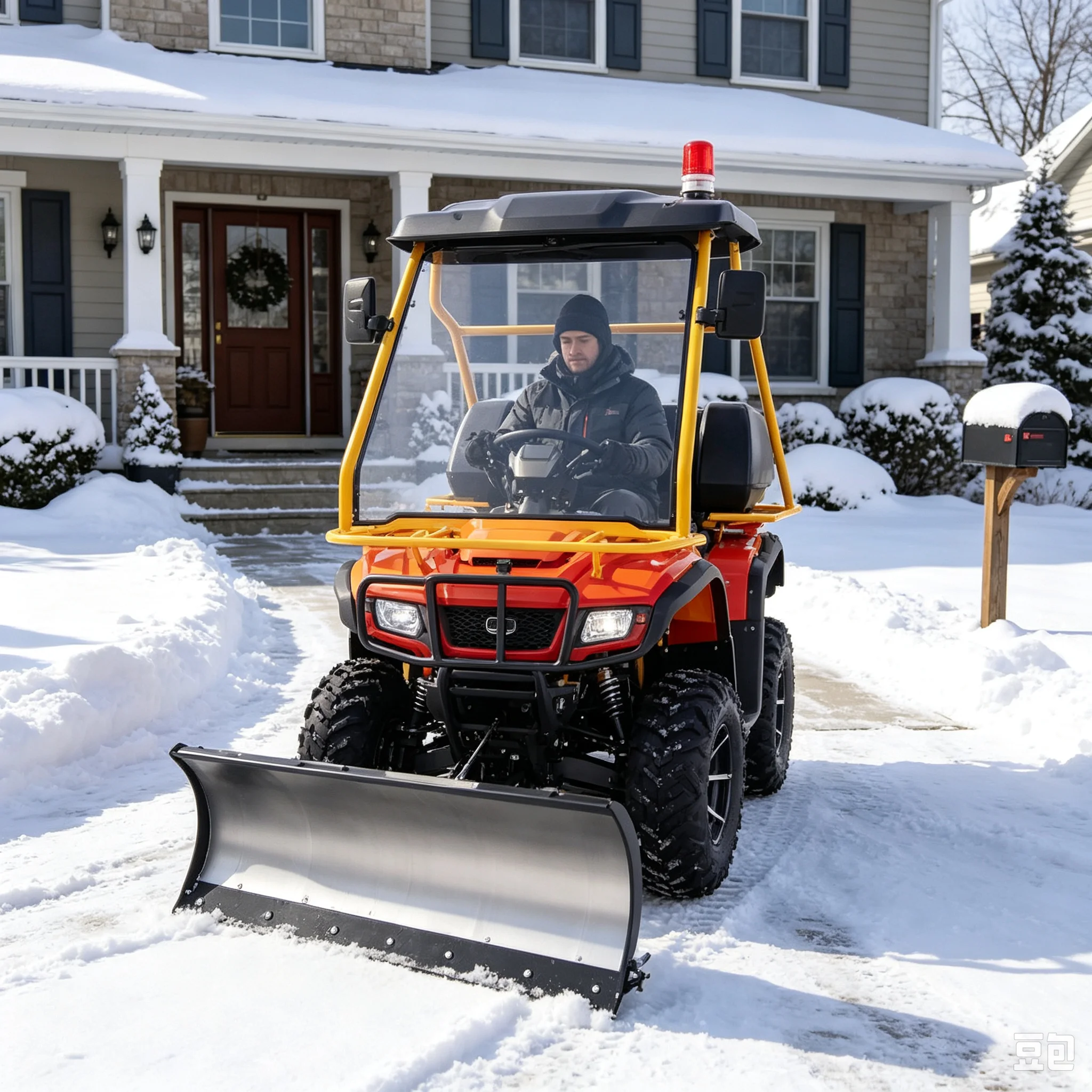 ATV All Terrain Snow Sweeper Ride On Snow Broom Vehicle Adjustable Snow Brush Warning Light for Shopping Mall
