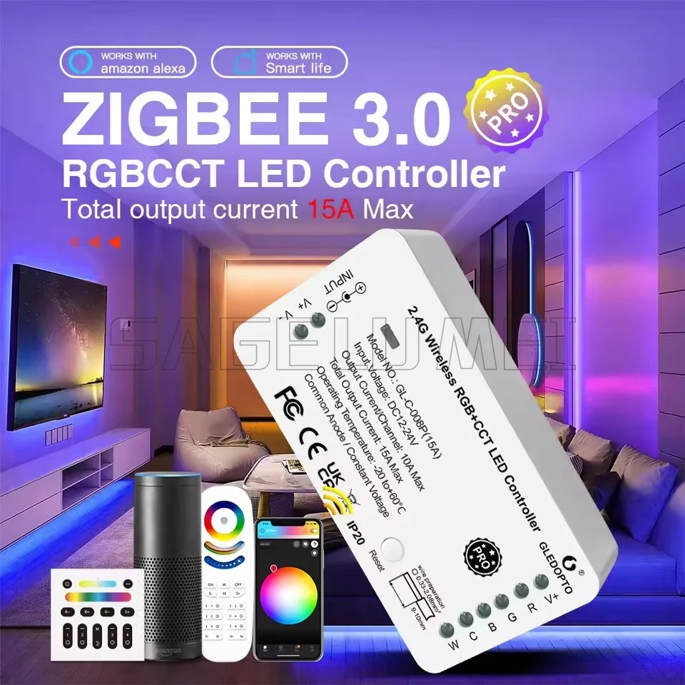 Smart LED Strip Zigbee 3.0 Controller GLEDOPTO RGBCCT Pro Compatible with Hub Tuya SmartThings App 2.4G RF Remote Control Voice
