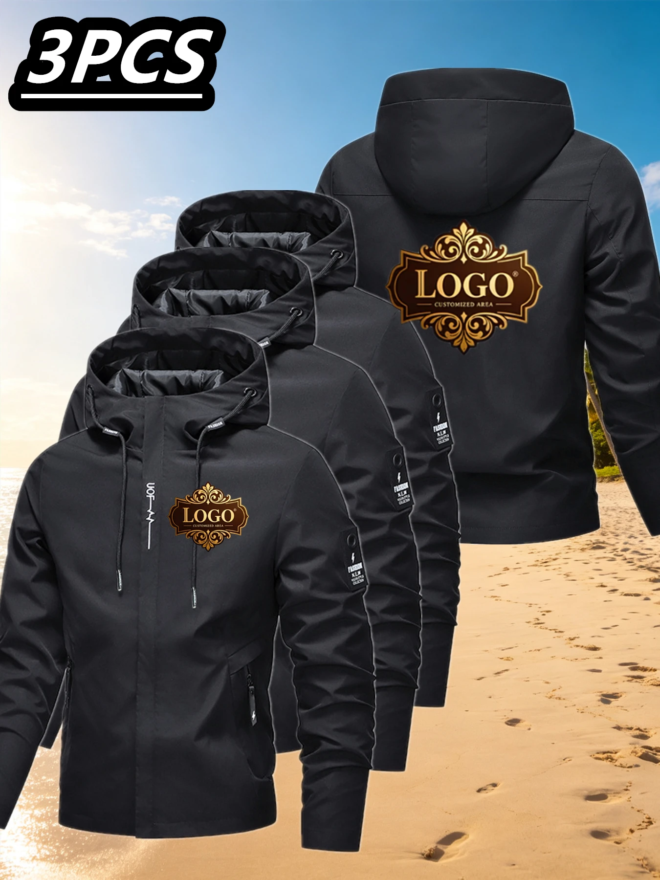 Jaqueta de trabalho personalizada em 3 peças com logotipo impresso para uso em lojas, exposições ou eventos de team building, com proteção contra vent