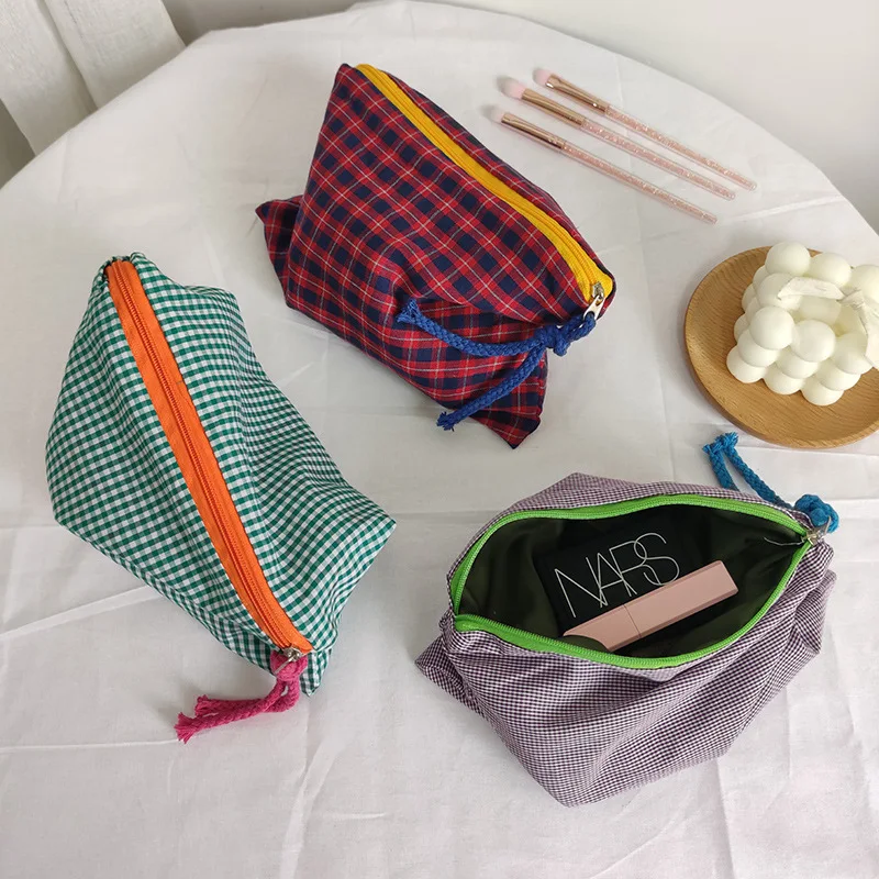 

1-2PCS Large Capacity Makeup Bag Makeup Brush Storage Bag Color Blocking Checkered Portable Handheld Travel Bag For Going Out