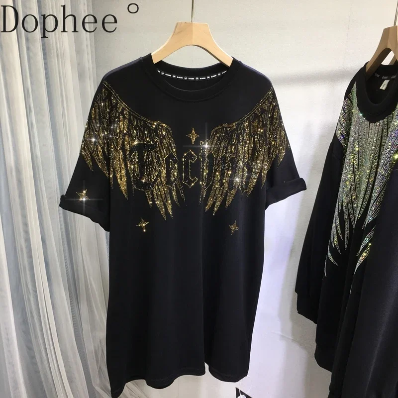 Domineering Gold Wings Hot Drilling Mid-long T-shirt 2025 New Spring Summer Loose O-neck Pullover Top Casual Short Sleeve Tees