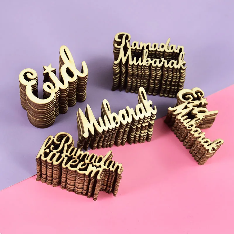 15/30/60pcs Wooden Letter Eid Mubarak Ramadan Kareem Wood Slices For Islam Muslim Festival Party Supplies 2024 Eid Al-Fitr Deco