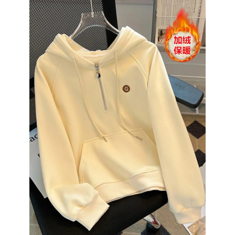 Sweat-shirt à capuche en pur coton pour femme, pull épais en velours bordeaux, demi-fermeture éclair, nouvelle collection automne hiver