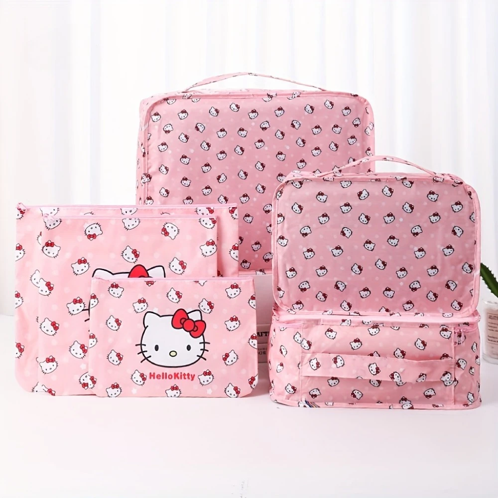 6pcs/set Hello Kitty Travel Top-Handle Bags Storage Bag Cartoon Pattern Storage Bags Used for Clothes Shoes Travel Organizing Cosmetics Toiletries Suitcase Packaging
