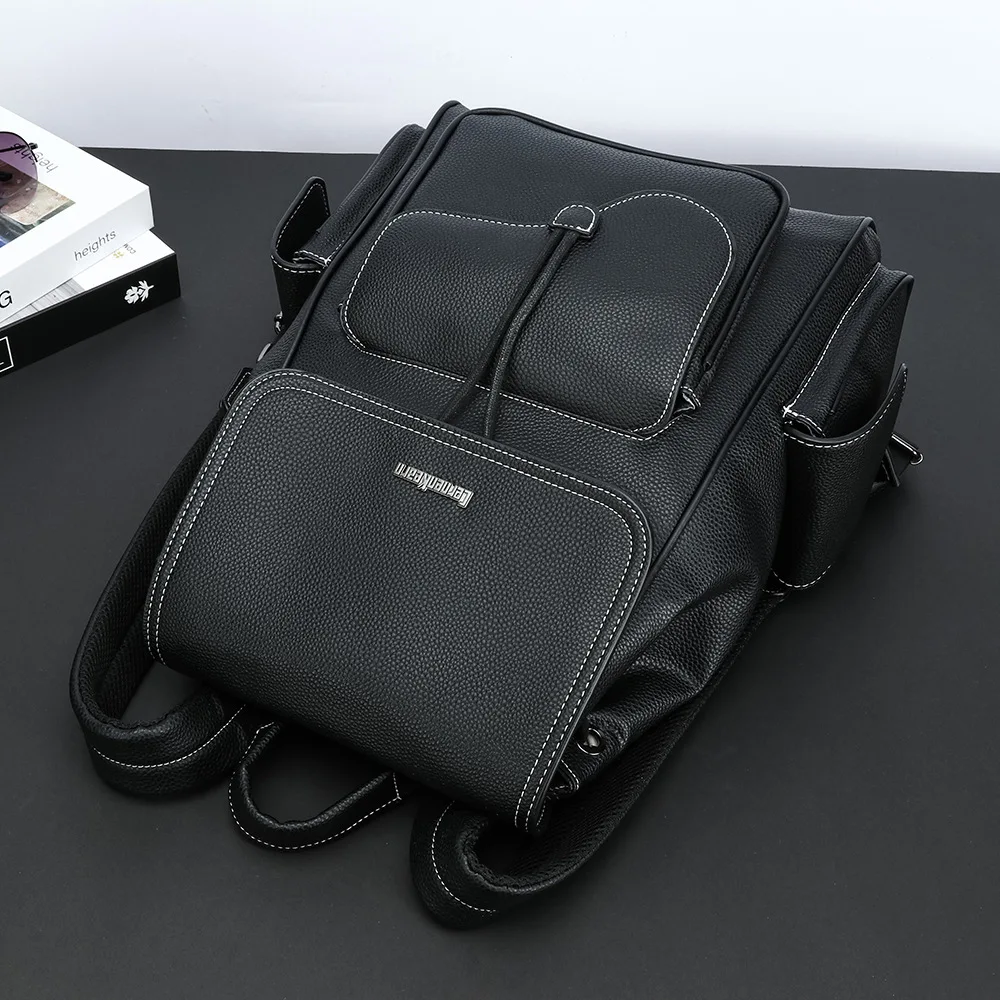 Neuer modischer Rucksack für Herren, luxuriöser Leder-Reiserucksack, Herrenrucksack mit großer Kapazität, Laptoptasche mit Klappe, Schnür-Rucksack, Schülerrucksack. – Detail 4