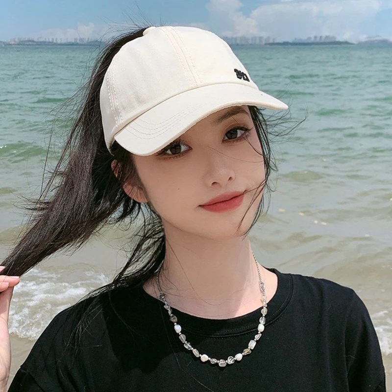 Letter Solid Color High Ponytail Baseball Cap Hollow Top Hat Women\'s Sports Golf Tennis Cap Hair Band High Bun Sunscreen Hat