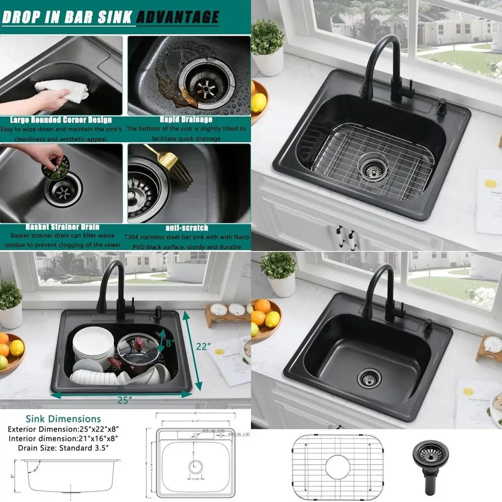 

Black 25x22 Inch Stainless Steel Single Bowl Kitchen Sink with Dish Grid