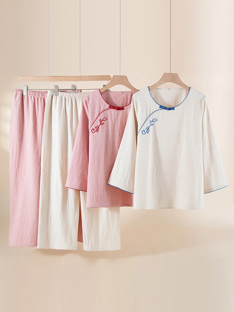 エレガントな新中国風のコットンリネンボタンナイトガウン女性春夏薄いオーバーヘッド9袖ルーズホーム服