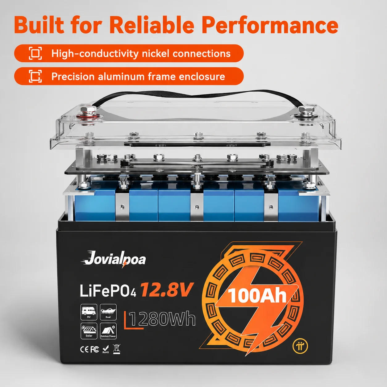 12V 100Ah LiFePO4 Battery, 12.8V 1280Wh Deep Cycle Lithium Battery, Lightweight with Built-in 100A BMS, IP65 Waterproof, 25000+ Cycles for RV, Solar, Marine, Off-Grid, Travel Trailer, Camper