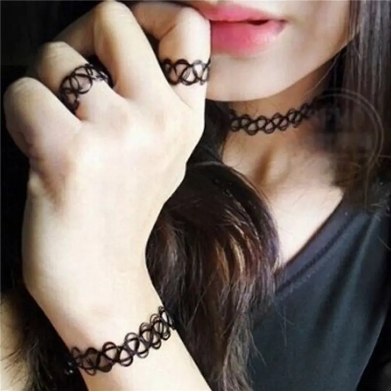4X Vintage Boho Tattoo Choker Elastic Stretch Necklace Ring Bracelet Set Retro Henna