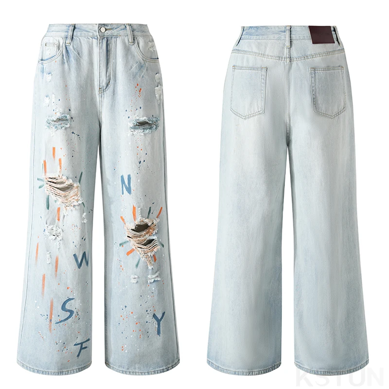 جينز نسائي صيفي متعثر موضة 2026 من KSTUN جينز هيب هوب ممزق بأرجل واسعة ملابس خروج مفرغة بنطال بتصميم مرسوم للفتيات الساخن #6