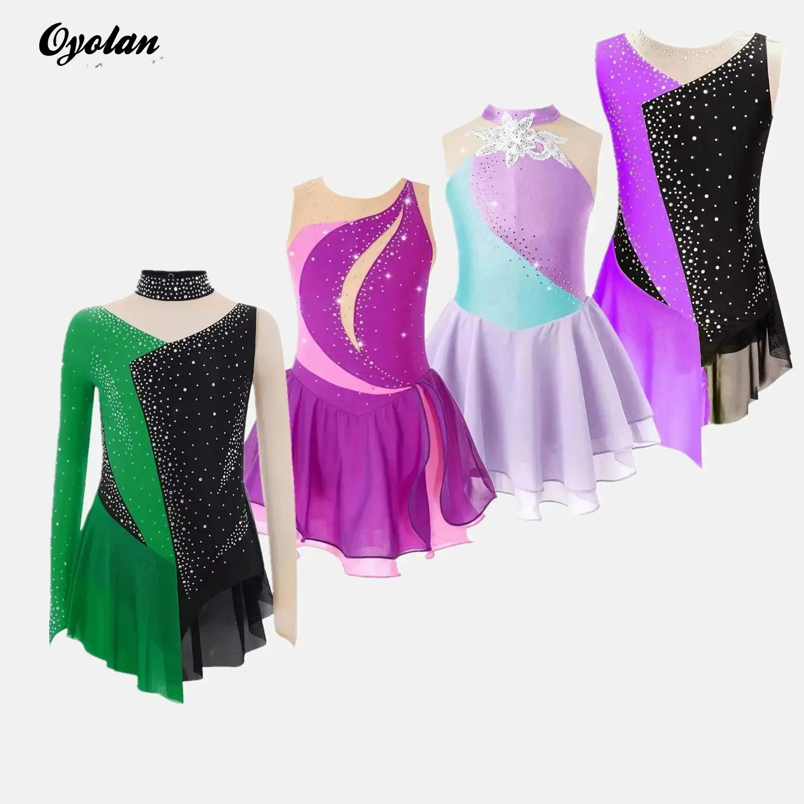

Kids Girls Sparkly Rhinestone Gymnastics Figure Skating Ballet Jersey Lyrical Dance Leotard Dress Sheer Mesh Bodysuit Dress
