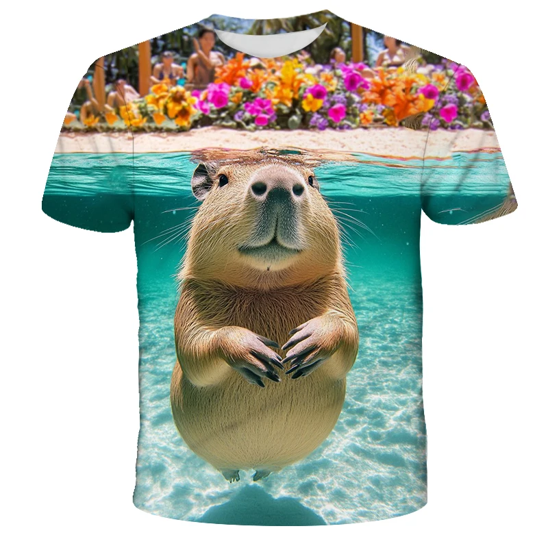 Cute Capybara Swimming Graphic T-shirt,Kids Clothing 3D Printed Fun Capy Casual Y2k Top Unisex T-shirt S-5XL T Shirt for Men