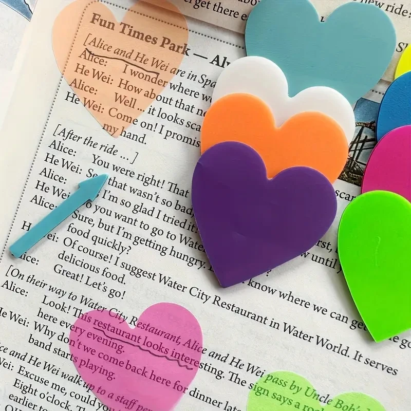 8 colors Luminous PET Heart-Shaped Sticky Notes,Creative Student Label Stickers, 160 sheets School stationery stickers