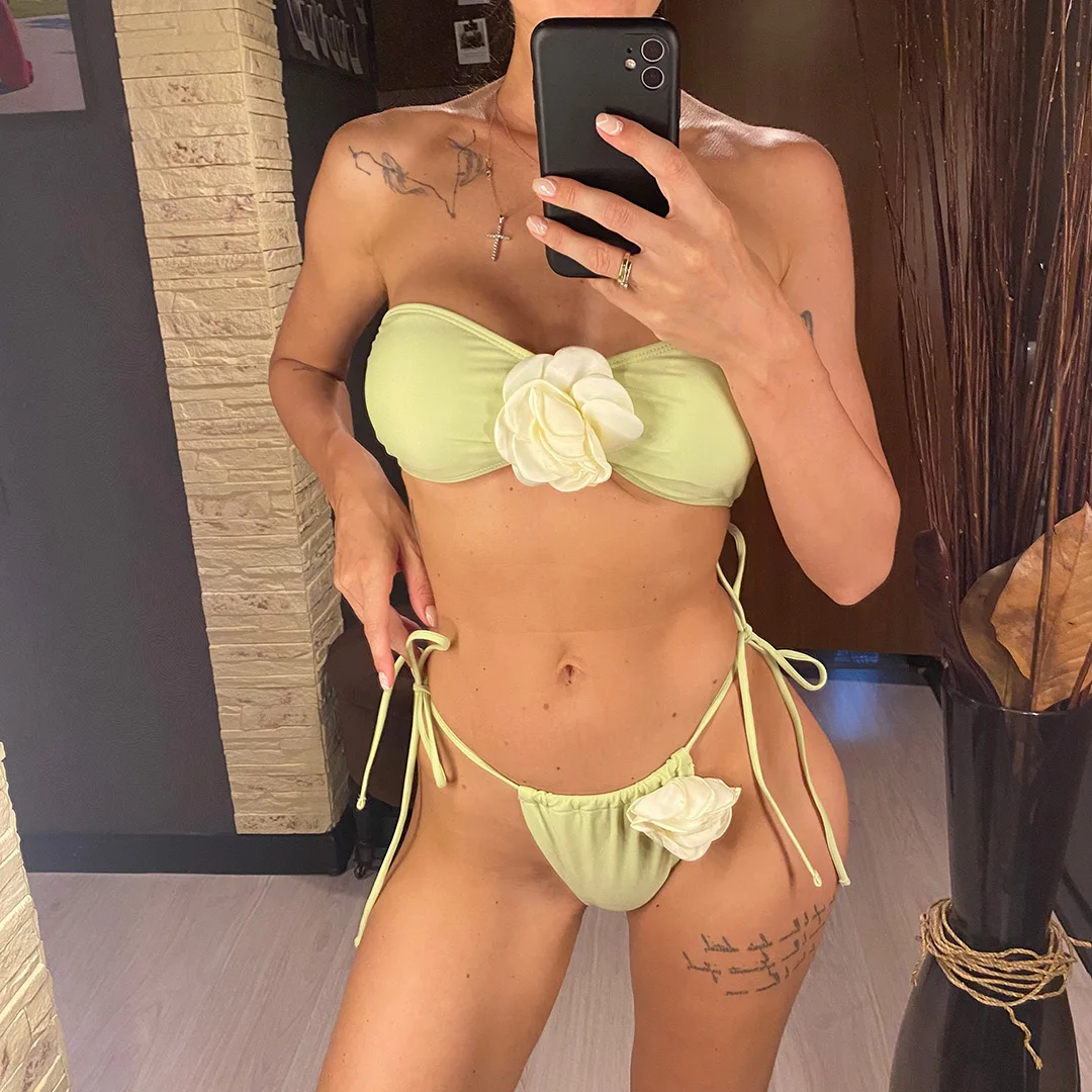 14 Farben, 3D-Blumen, Bandeau-Bikini mit hohem Beinausschnitt, Damen-Badeanzug, zweiteiliges Bikini-Set, Badebekleidung, Badeanzug, Modell V5265. – Detail 11