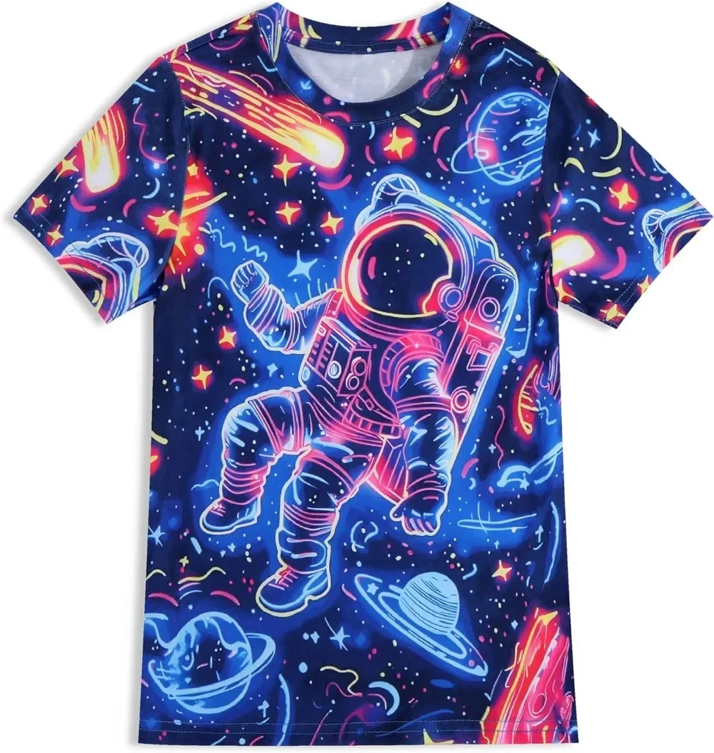 Fashion Men's Neon Astronaut Galaxy 3D Print T-Shirt Colorful Space Planet Meteor Graphic Short Sleeve Crew Neck Casual Tee Tops