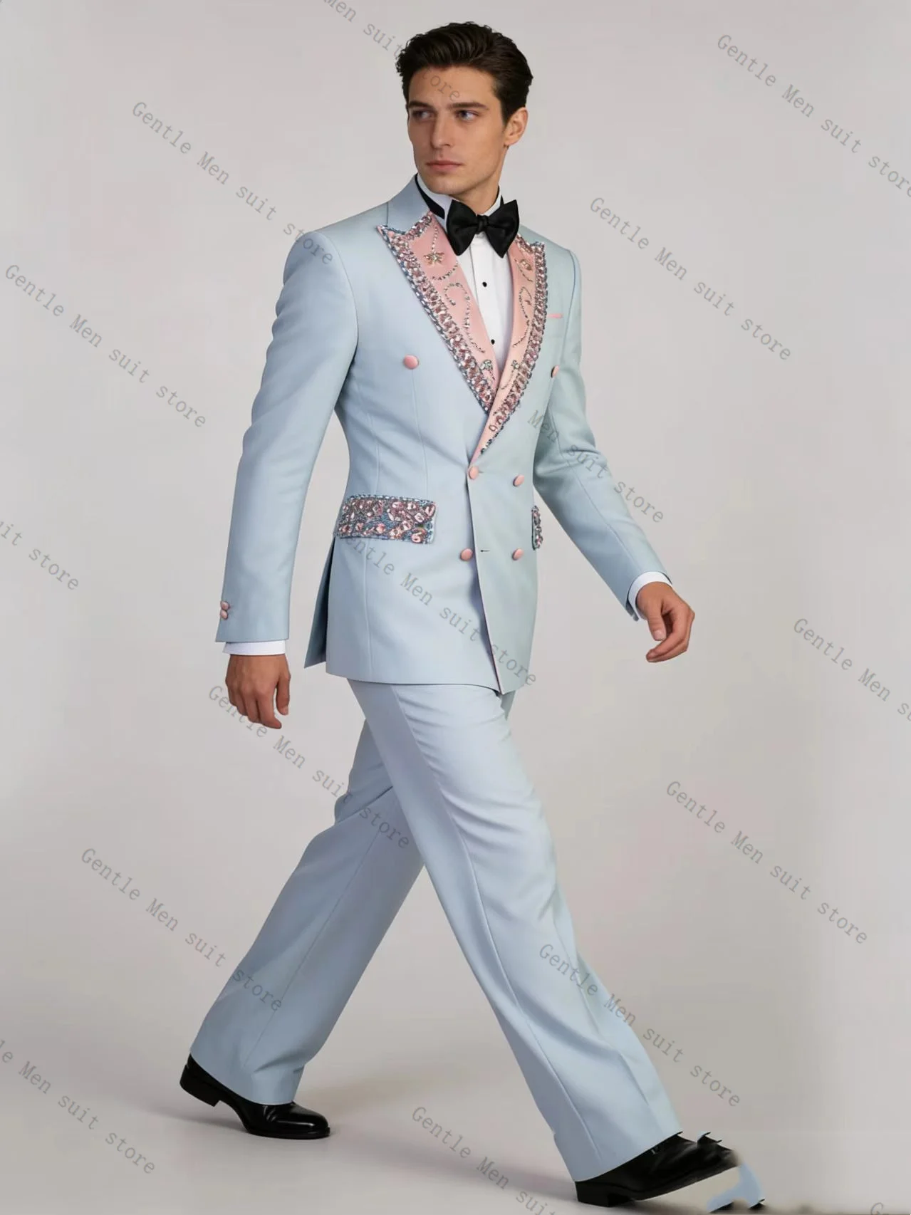 

Light Blue Men Suit Set 2 Pcs Crystals Blazer+Pants Trousers Groom Wedding Tuxedo Formal Office Business Jacket Coat Customized