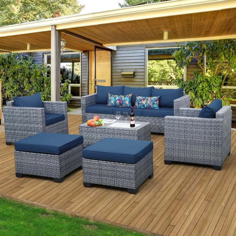 

Wicker Patio Furniture Sets Outdoor Conversation Set PE Rattan Sectional Sofa Couch with Storage Table and Royal Blue Cushions