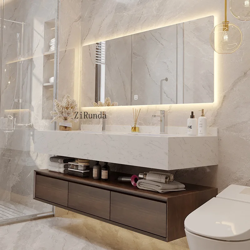 Marble countertop bathroom cabinet with large storage and durable mirror view 4