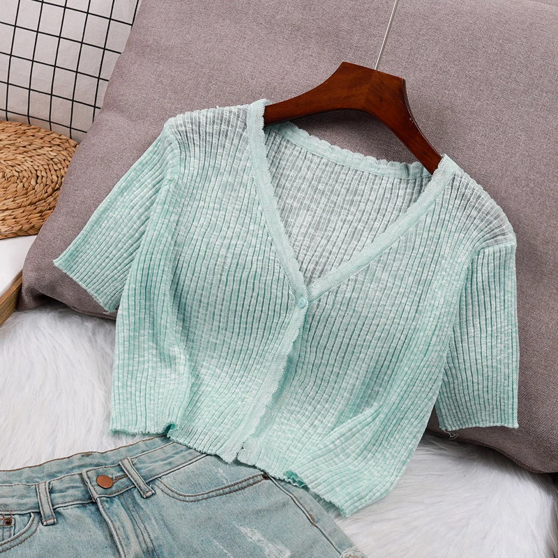 Summer Thin Knit Cardigan Sweater Women 2024 New Shawl Sun Protection Short Sleeved Top Korean V-neck Lace Slim Short Top