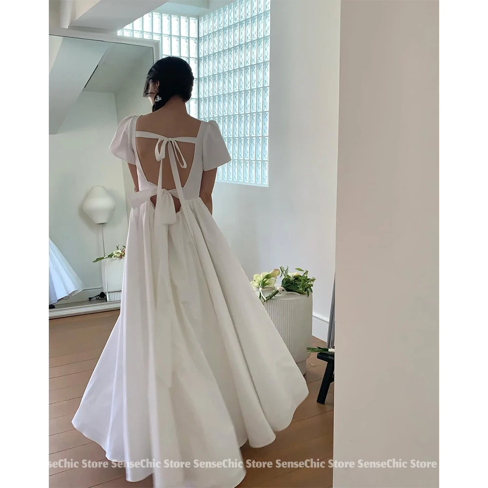 2025 웨딩드레스 새틴 스퀘어 넥 한국 A라인 반팔 정장 웨딩드레스 섹시 백 여성 신부 드레스 맞춤 제작