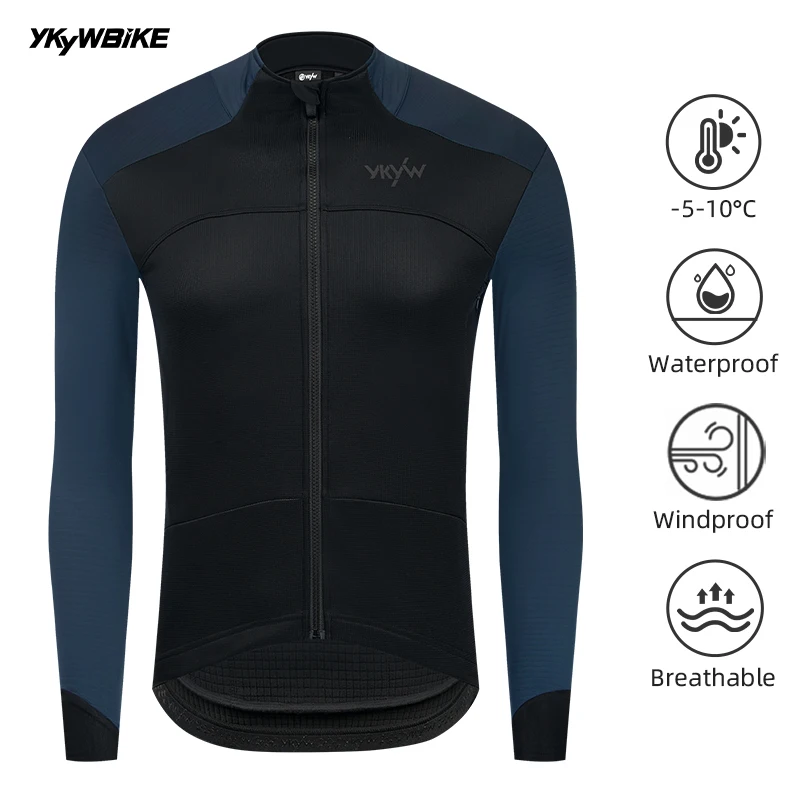 YKYWBIKE Men\'s Cycling Jacket Winter 0°C Thermal Fleece Bicycle Jersey Waterproof Windproof Road Bike Tops Cycling Clothing