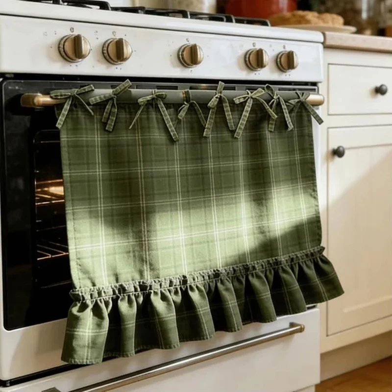 Handmade Heat Resistant Oven Curtain,Microwave oven cover skirt Ruffled Ribbon Tie Oven Curtain Decor For Kitchen Open Vanity