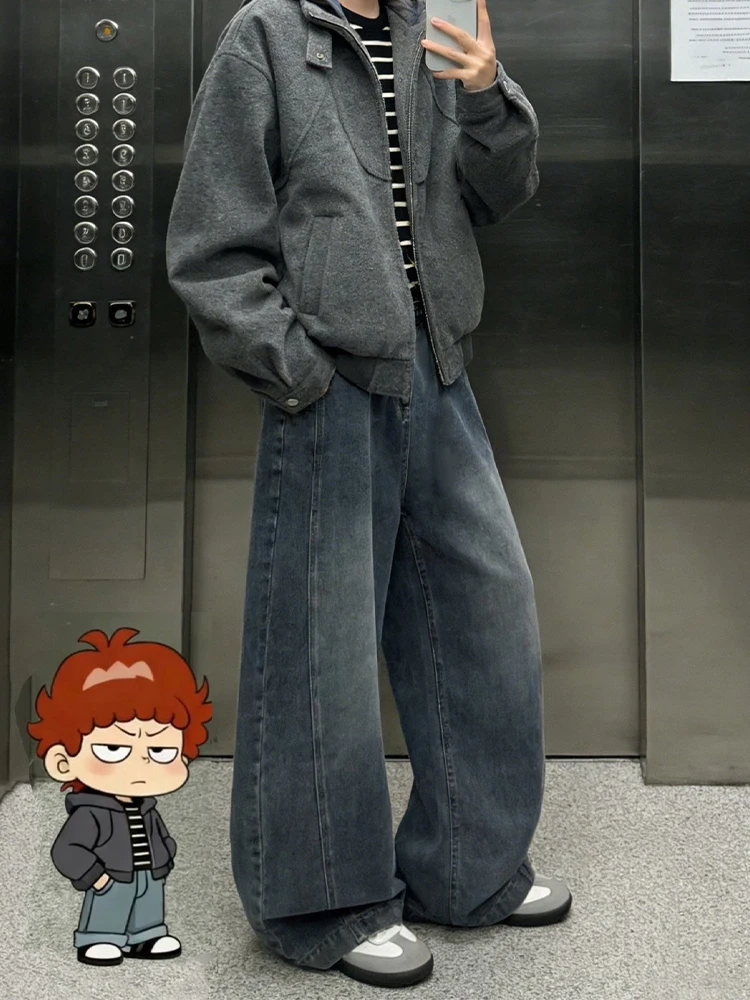 

Retro American Denim Jeans Straight Leg Men's Faion Slimming High Waist Wide Leg Pants Casual Wear Winter Sle