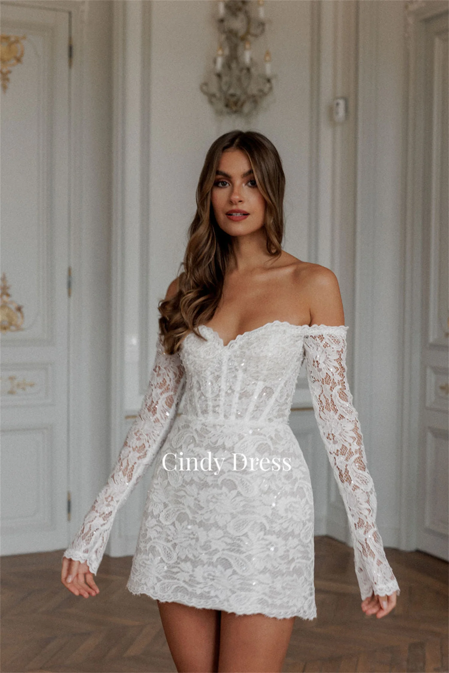 Cindy Shiny Off the Shoulders Wedding Dress Long Sleeves Lace Sequins Short Style Elegant Party Dresses for Women Luxury Evening