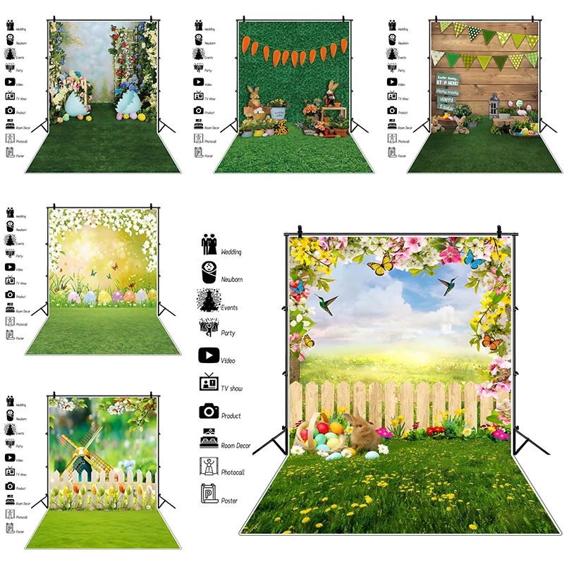 

Photo Backdrops Happy Easter Party Decorations 2024 Festival Door Banner Bunny Spring Flowers Garden Background for Photography