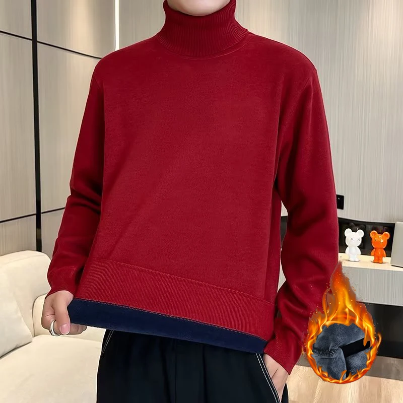 Winter New Men\'s Stacked High Collar Colorful Sweaters Daily Versatile Pullovers Plush Thicken Basic Long Sleeve Clothes Male