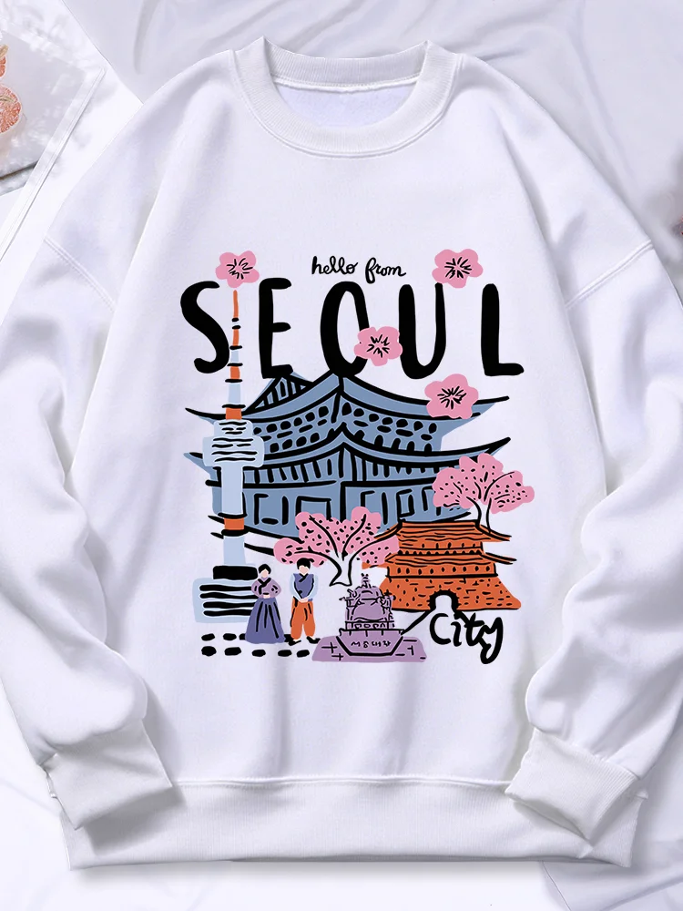 Seoul Beautiful Scenery Printing Womens Hooded Autumn Casual Warm Hoodies Fashion Soft Hoodie Street Versatile Female Pullover