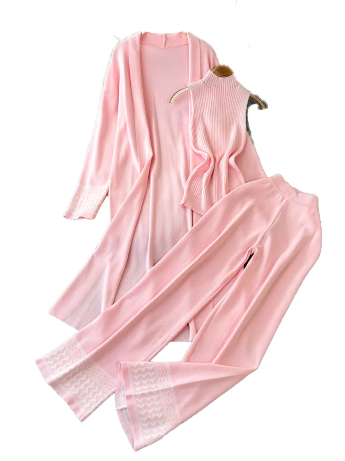

Winter New Loose Knitted Set Women's Mid-Length oulder Open Cardigan High Collar Vest Tee-Piece Set Wide Leg Pants