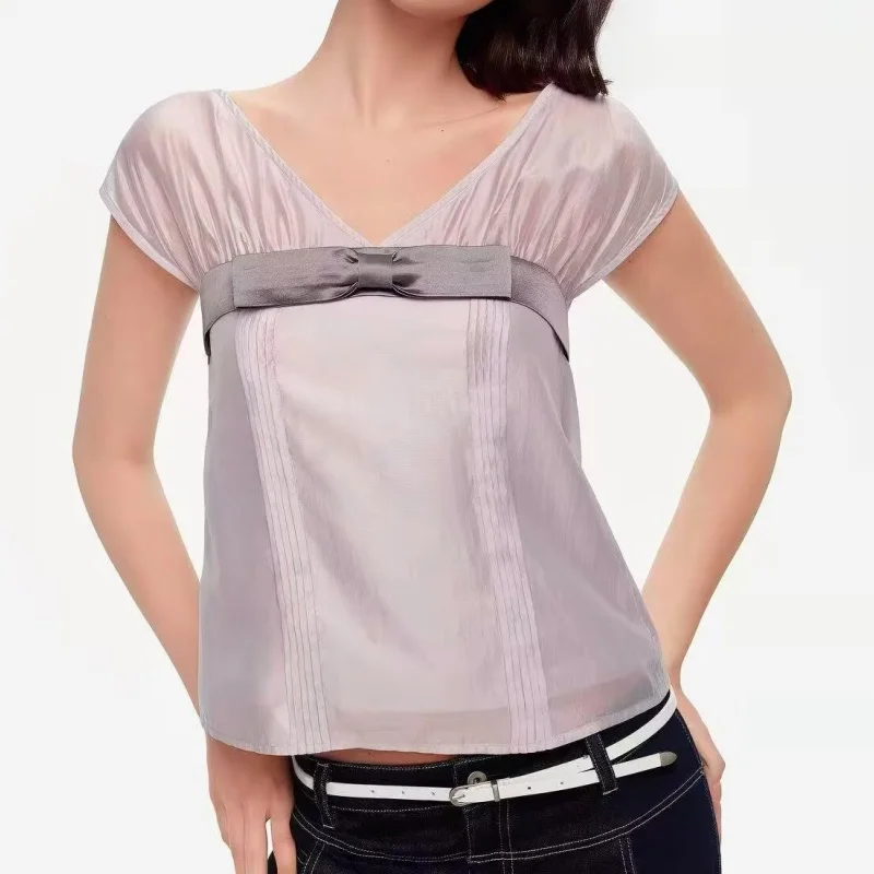 Summer New Women's Pure Desire V-neck  Knot Decorated Straight Tube Pleated Semi-transparent Short Vest Top
