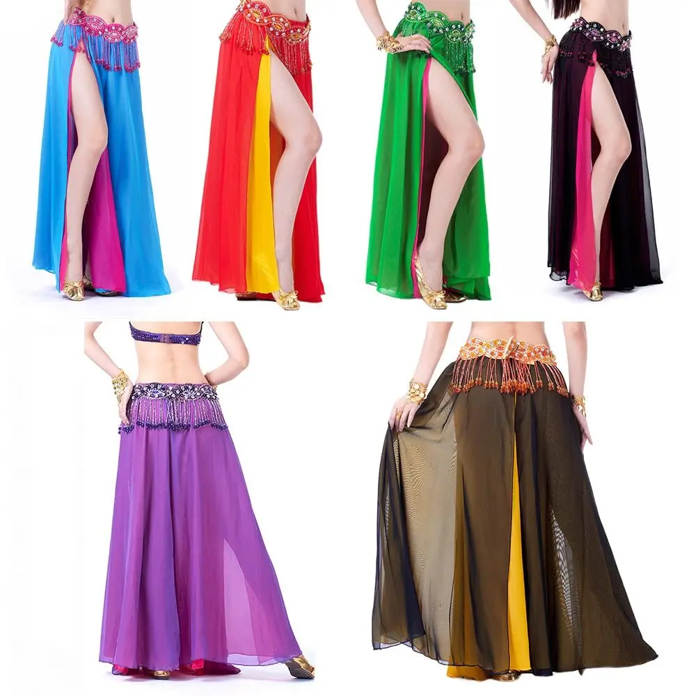 Falda de baile de gasa a la moda, falda española con borlas brillantes, falda bohemia para el sol, falda de danza del vientre, disfraces de espectáculo