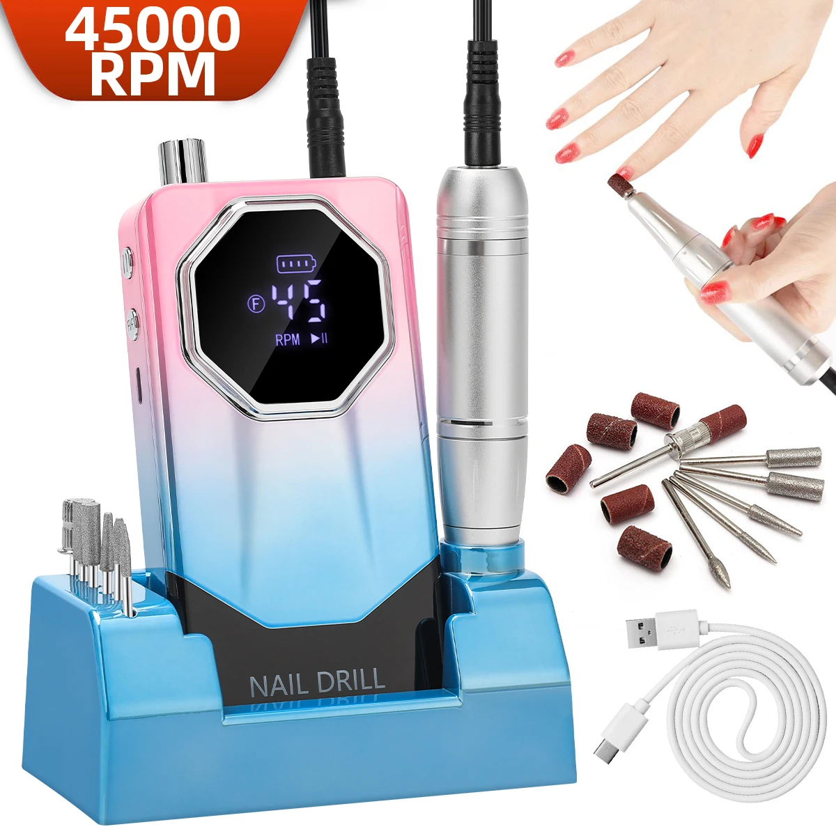 Ponceuse à Ongles Professionnelle Rechargeable avec Écran HD, Lime Électrique, Stylo de Manucure en Métal, 45000 tr/min, N64.