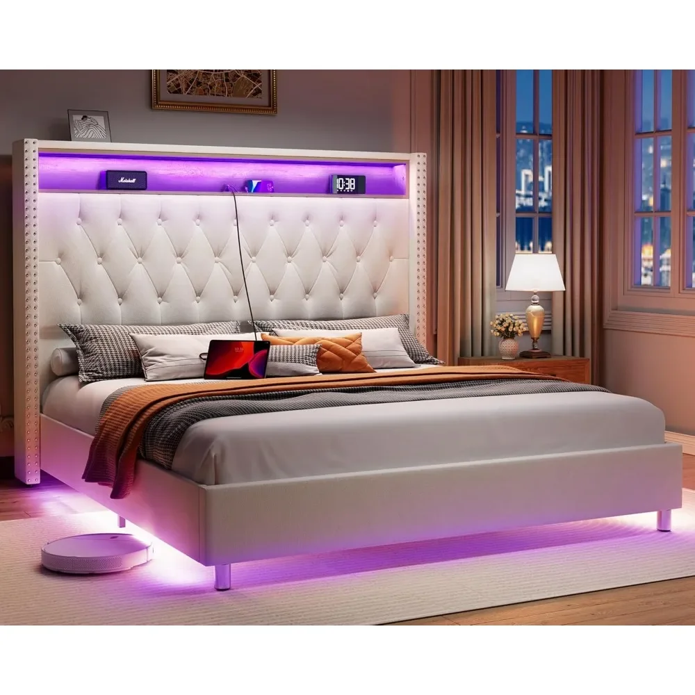 

Bed Frame for Bedroom，53.6 inch Tall Headboard LED Lights and Charging Station Frame，No Box Spring Needed,Motion Activated Light