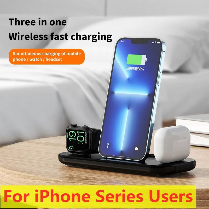 3 In 1 Fast Charging Station Pad Foldable Wireless Charger Stand Dock For iPhone 15 14 13 Samsung S23 22 Apple Watch AirPods Pro