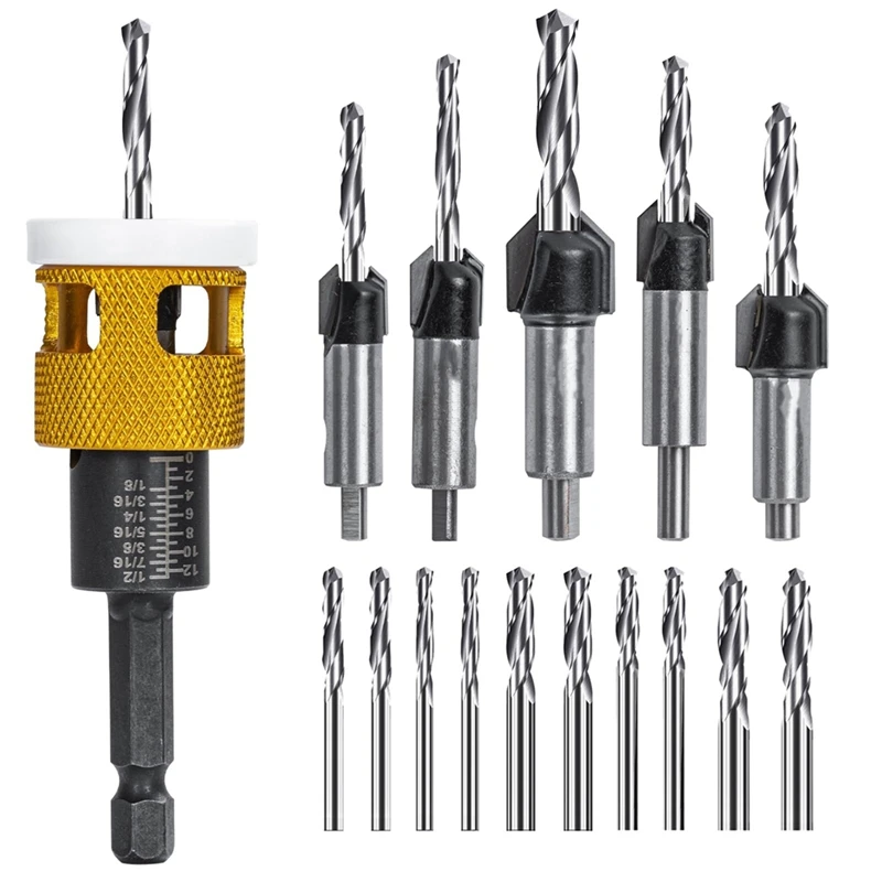 5Pcs Countersink Drill Bits Set With Low Friction Depth Stop, With 10Pcs Replacement HSS Drill Bit,Adjustable Depth Stop