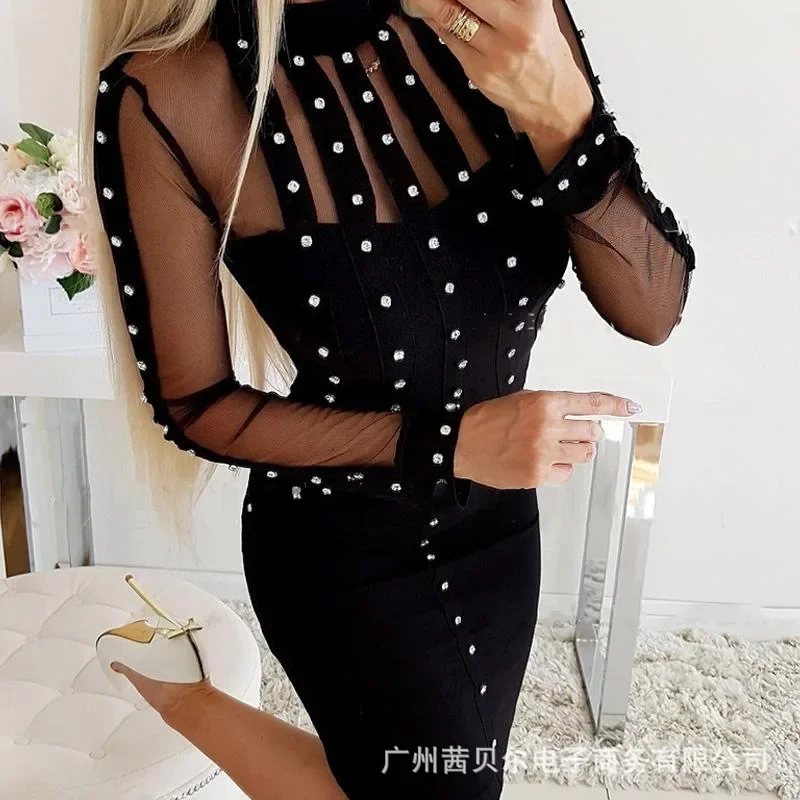 

2023 New Womens Long Sleeve Mesh Spliced Hot Diamond Dress for Women